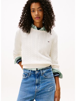 Tommy Jeans Yuvarlak Yaka Standart Nakışlı Beyaz Kazak Kadın DW0DW22165YBH