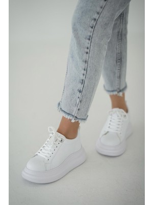 Rümeysa Kiev Kadın Kalın Tabanlı Deri Sneakers Beyaz