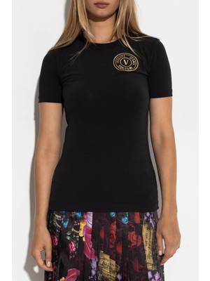 Versace Kadın Maglıetta Serıgrafıche T-Shirt - Siyah