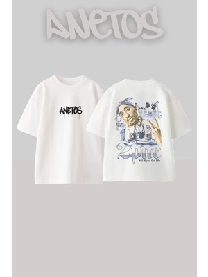 Anetos 2 Pac Tasarım Sırt Baskılı Pamuk Beyaz Oversize T-Shirt