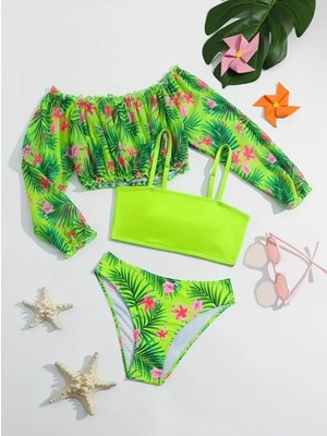 3b Kids Yeşil Çiçekli Bikini Mayo Büstiyer Bluz Takımı