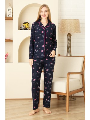Enisena Kadın Pat Yakalı-Baskılı ve Düğme KAPAMALI-%100 Pamuk Pijama Takımı 12353