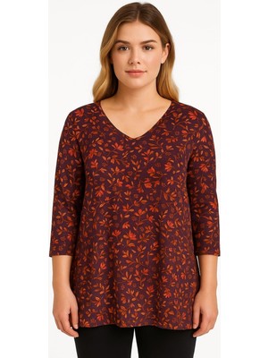 Şans Kadın Büyük Beden Bordo, A Kesim Çiçek Desenli, 3/4 Kol, V Yaka Viskon Bluz 65N39222