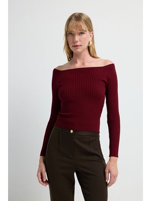 Adl Yakası Açık Triko Kazak Bordo 13942993002