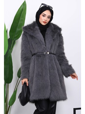 İmaj Butik Füme Kemerli Astarlı Kürk Kaban