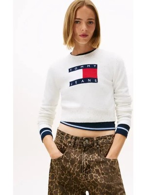 Tommy Hilfiger Tjw Işıltılı Bayrak Desenli Kadın Beyaz Kazak DW0DW21690YBH
