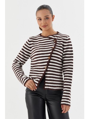 Shopping Shop Çizgili Asimetrik Kesim Hırka Kahve