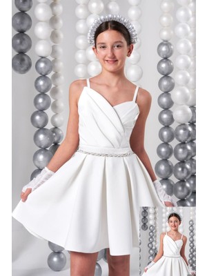 Erkut Bebe Mojo Kız Çocuk 10-15 Yaş Kemer Detaylı Kısa Abiye Elbise 810 Ekru