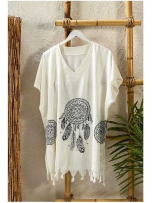 Kadın Desenli Yazlık Plaj Elbisesi – Pamuklu Viskon, Rahat Kesim (S-M)