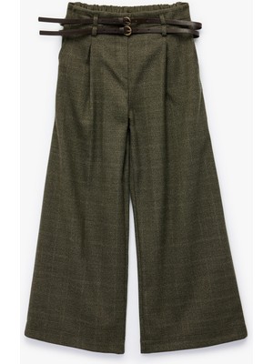 Koton Viskon Karışımlı Kemer Detaylı Ekoseli Geniş Paça Pantolon