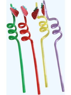 4 Adet Plastik Çilek Desenli Pipet – Parti ve Günlük Kullanım Için
