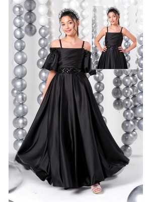 Erkut Bebe Mojo Kız Çocuk 10-15 Yaş Balon Kol Drapeli Saten Elbise Siyah