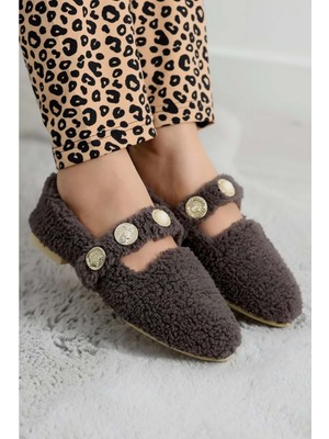 Ayakcity Kadın Inci ve Tuğra Detaylı Peluş Babet - Füme - 40