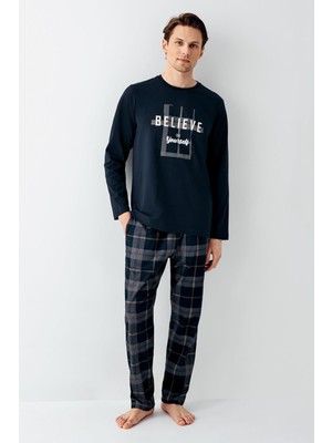Arnetta Erkek Lacivert %100 Pamuklu Ekoseli Pijama Takım