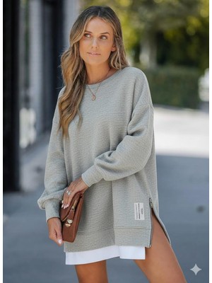Afri Kadın Oversize Sweatshirt Yan Fermuar Detaylı Uzun Kollu Gri Tunik