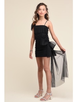 Mojo Bebek Mojo Kız Çocuk 7-15 Yaş Drapeli Kısa Abiye Elbise 5571 Siyah