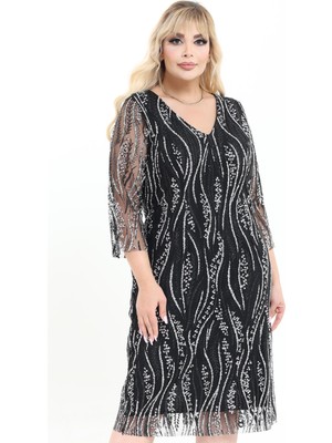 Ladies First Büyük Beden 3747B Siyah-Gümüş Kısa Abiye Elbise