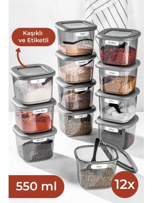Vienev Beyaz Serigrafi Etiketli Kaşıklı Kare Erzak Saklama Kabı 12'li Set Küçük Boy 0,55 Litre