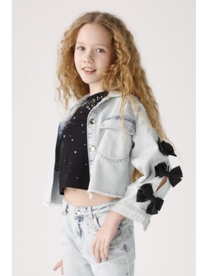 Mojo Bebek Mojo Kız Çocuk 3-8 Yaş Taşlı Fiyonk Detaylı Denim Ceket 20026 Kot Mavi