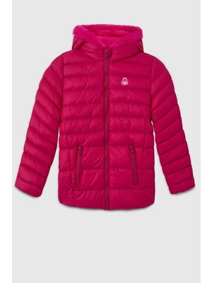 Benetton Kız Çocuk 4-14 Yaş Peluş Kapüşonlu Mont Fuşya