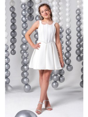 Erkut Bebe Mojo Kız Çocuk Taş Detaylı Balenli Kısa Abiye Elbise 885 Krem