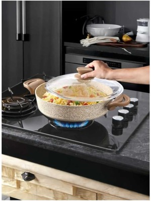 Krem Renk Granit Basık Tencere 26 cm – Sağlıklı ve Pratik Pişirme