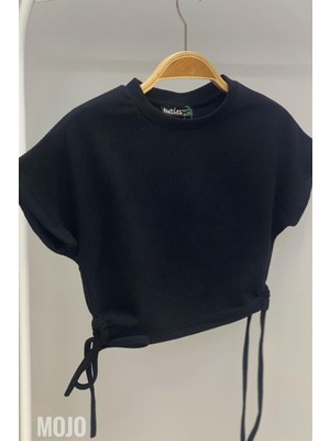 Cuties Mojo Kız Çocuk Yandan Büzgülü Kısa Kollu Crop 3706 Siyah