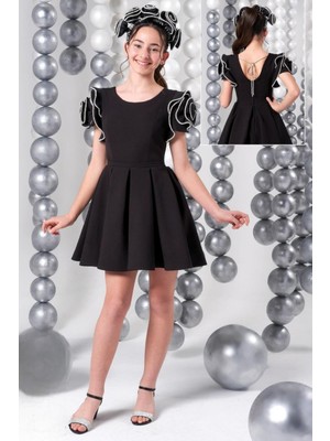 Erkut Bebe Mojo Kız Çocuk 10-15 Yaş Gül Detaylı Kısa Abiye Elbise 847 Siyah