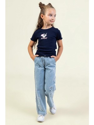 Dmb Mojo Kız Çocuk 4-9 Yaş Kalp Işlemeli Palazzo Pantolon Kot Mavi