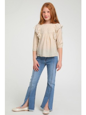 Escabel Kız Çocuk Püsküllü Bol Paça Denim Pantolon 2322 Kot Mavi