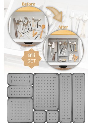 Vienev 8li Antrasit Çekmece Içi Düzenleyici Organizer 1x(O.dkdrtgn,b.kare) 2x(D.dkdrtgn,k.dkdrtgn,k.kare)
