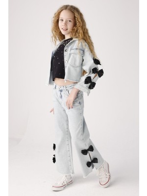 Mojo Bebek Mojo Kız Çocuk 8-14 Yaş Taşlı Fiyonklu Denim Ceket 20027 Kot Mavi