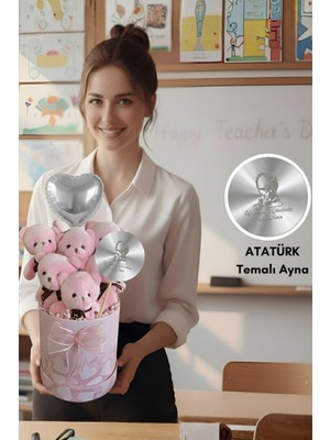 Sole Öğretmen'e Hediye: Atatürk Temalı Aynalı Pembe Kalpli Kutuda, Kalpli Balonlu 6’lı Pembe Ayıcık Buketi - 24 Kasım Öğretmenler Günü Hediyesi