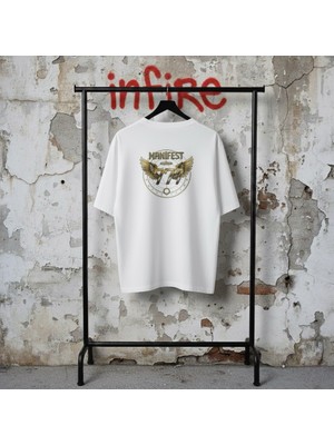 İnfire Clothing 777 Manifest Beyaz Baskılı Unisex Bisiklet Yaka Pamuk Oversize T-Shirt