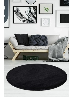 Besely Siyah Yuvarlak Kaymaz Taban Halı Yıkanabilir Dekoratif Peluş Halı