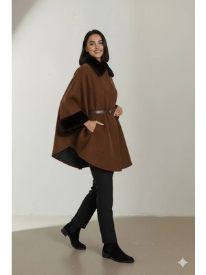 Cemo Kadın Kürk Yaka Manşet Detaylı Panço Kaban Kemerli Pelerin Ceket Kaşe