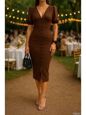 Nnstartshopping  Kadın V Yaka Önü Düğmeli Sırt Pencere Dekolte Elbise