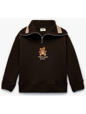 Koton Uzun Kollu Yarım Fermuarlı Ayıcık Nakışlı Oversize Sweatshirt
