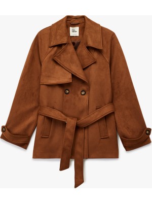 Koton Kruvaze Yaka Cep Detaylı Kemerli Uzun Kollu Suni Süet Trençkot