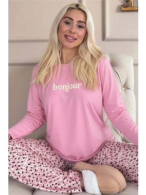 Pembe Bonjour Desenli Uzun Kollu Bambu Örme Kadın Pijama Takımı