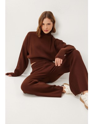 Happiness İstanbul Parmak Geçmeli Kazak Pantolon Triko Takım LCI0039 Kahverengi