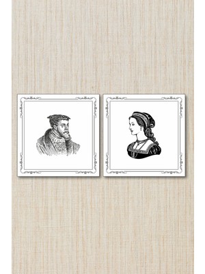 Dark Flamingo Timeless Pair – 2’li Gravür Duvar Dekoru Seti (35 × 35 cm Klasik Kadın ve Erkek Portre)