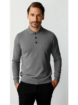 İGS Gri Standart Fit Dar Kalıp Polo Yaka Düz Uzun Kollu  Rayon Triko