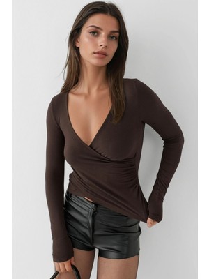 Hiccup Kadın Yumuşak Dokulu Slim Fit V Yaka Uzun Kollu Üst Koyu Mocha Kahve