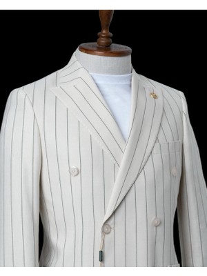 İlayda Emir Kırlangıç Yaka,torba Cepli, Kruvaze, Çizgili, Erkektakım Elbise, Slim Fit, Krem