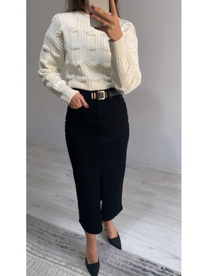 Nice Boutique Kemerli Yüksek Bel Ön Yırtmaçlı Midi Boy Denim Etek