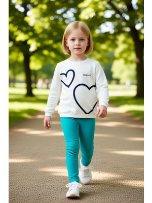 PayBuy Kız Çocuk Kalp Desenli Pamuklu Bisiklet Yaka Uzun Kollu Üst ve Tayt Takımı Kaliteli Şık Rahat