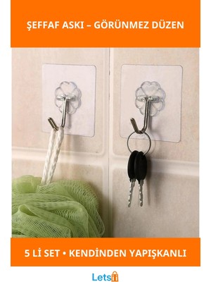 Letsii Kendinden Yapışkanlı Şeffaf Çok Amaçlı Kanca 5'li Paket