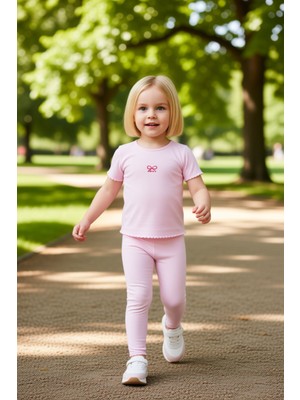 PayBuy Kız Çocuk Pamuklu Nakışlı Bisiklet Yaka Kısa Kollu Üst ve Flare Paça Tayt Takımı Kaliteli Şık