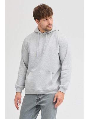 Polo State Erkek Gri Melanj Standart Fit Normal Kesim Içi Polarlı 3 Iplik Kapüşonlu Pamuklu Sweatshirt